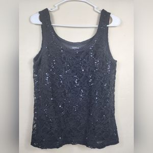 Onyx Women's Lace Top Medium Shirt Black Sequined Lined Sleeveless Tank